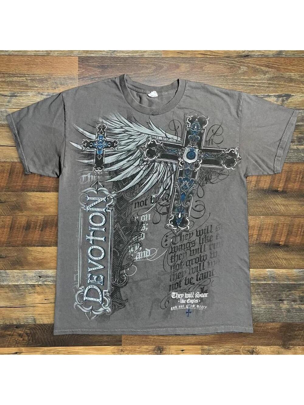 Y2K Angel Wings Gothic Devotion Cross Jesus T-Shirt Size Large